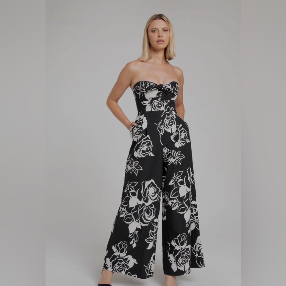 Lavender Brown New NWT Strapless Black and ivory Floral print Wide-Leg Jumpsuit